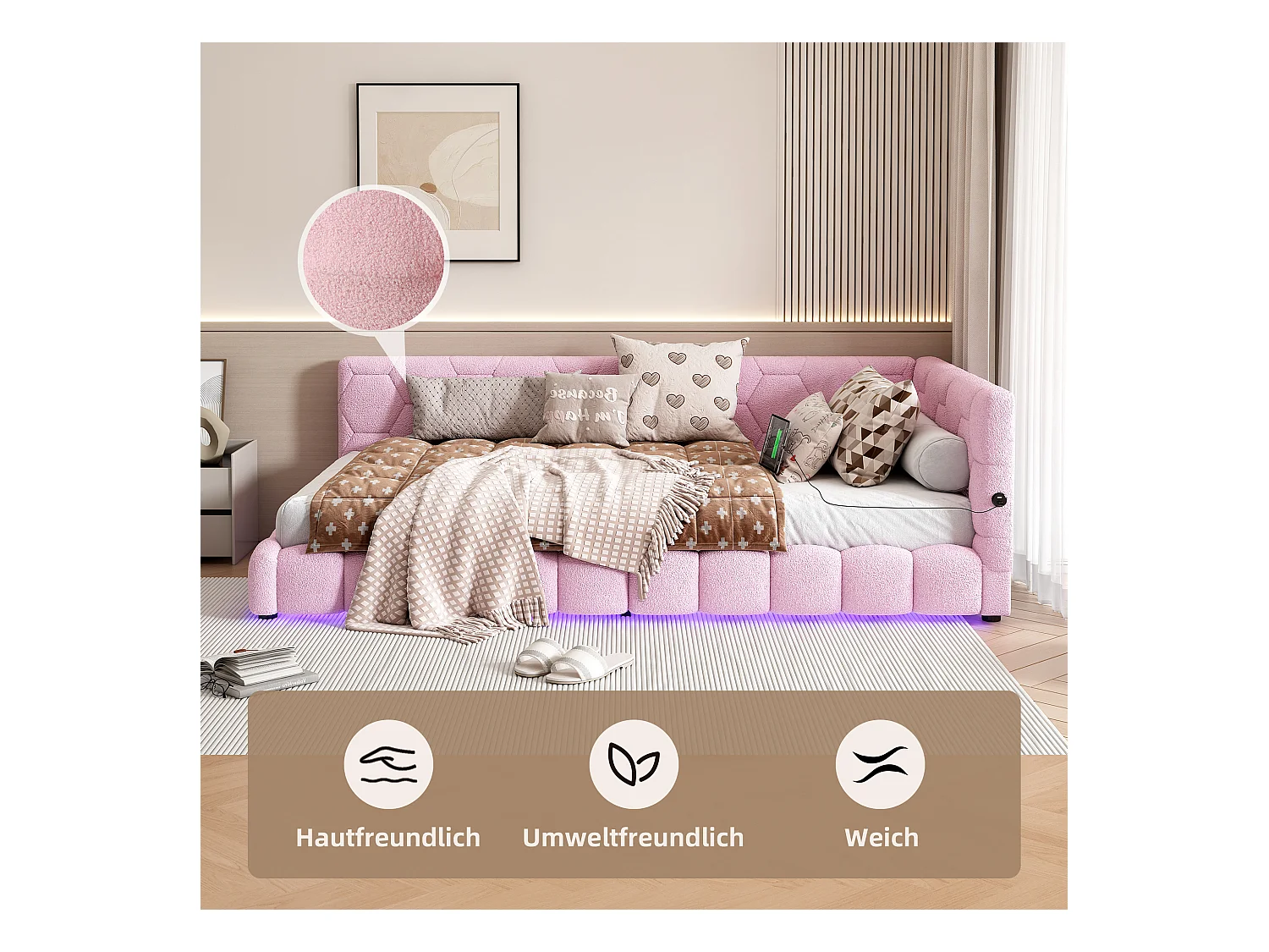 Daybed, 90x200 cm, canapé-lit, avec 16 couleurs d'éclairage LED, USB et Type-C, tissu velours, Rose (214x152x64.5 cm)