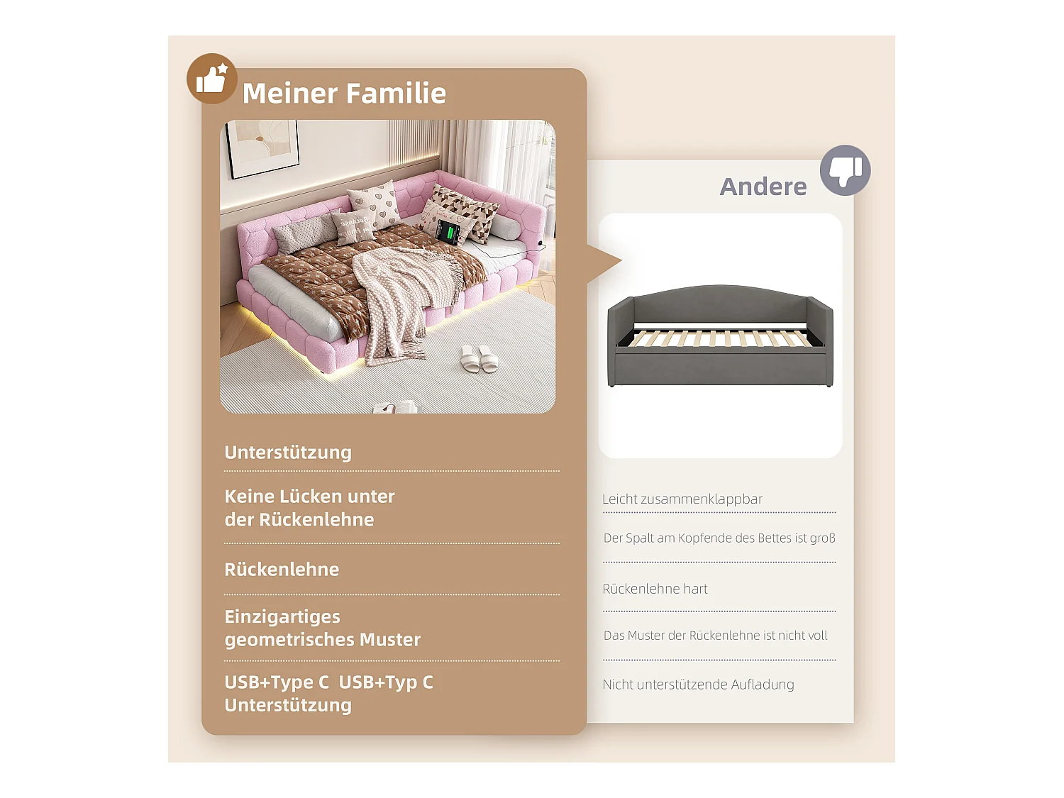 Daybed, 90x200 cm, canapé-lit, avec 16 couleurs d'éclairage LED, USB et Type-C, tissu velours, Rose (214x152x64.5 cm)