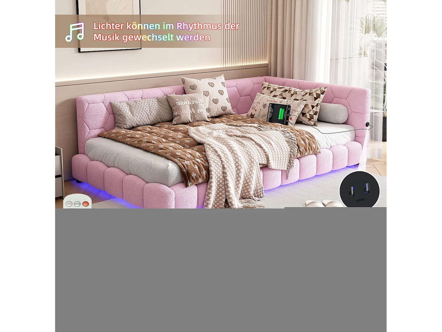 Daybed, 90x200 cm, canapé-lit, avec 16 couleurs d'éclairage LED, USB et Type-C, tissu velours, Rose (214x152x64.5 cm)