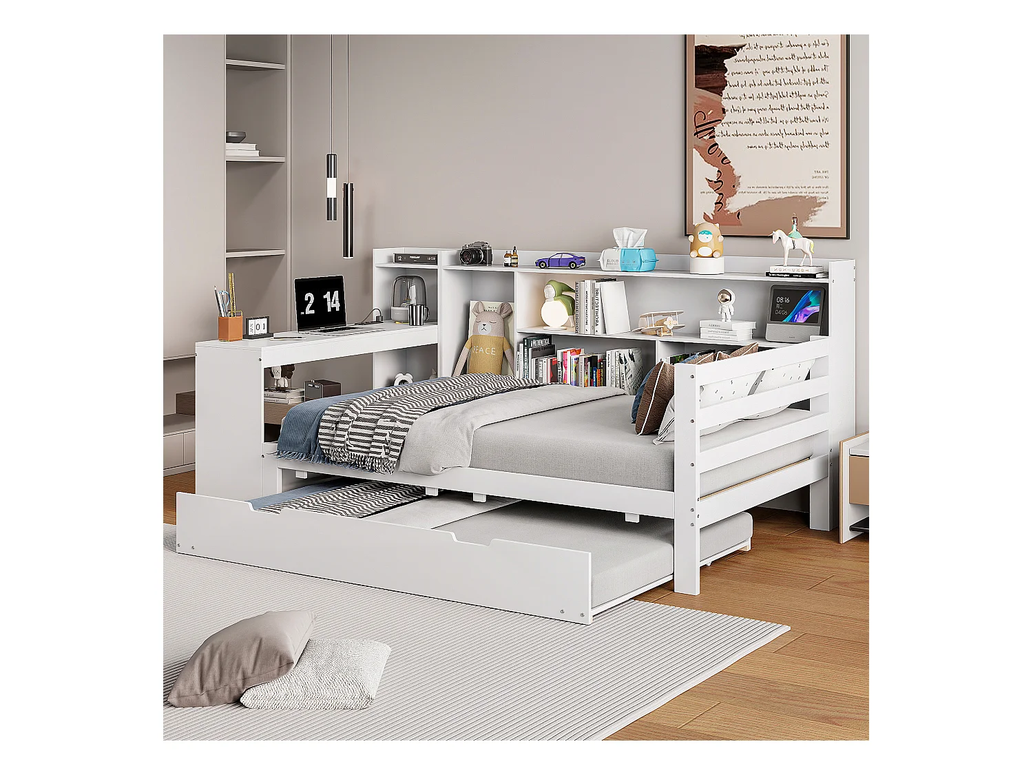 Canapé-lit en bois massif 90x200, avec bureau, étagères, prises USB et lit escamotable sous le canapé, multifonction, Gris (245.5x165x100 cm)