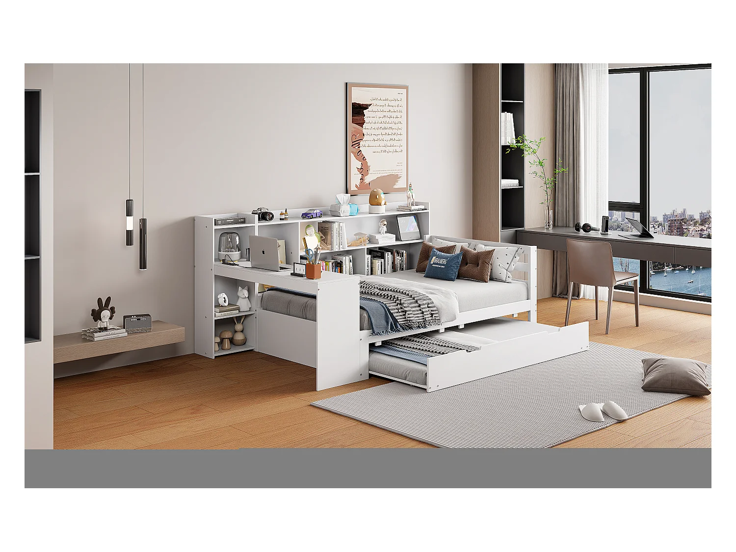 Canapé-lit en bois massif 90x200, avec bureau, étagères, prises USB et lit escamotable sous le canapé, multifonction, Gris (245.5x165x100 cm)