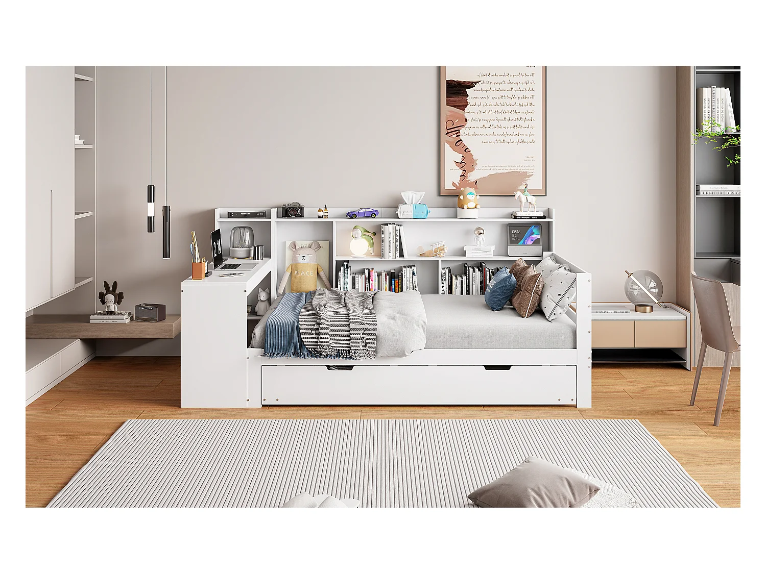 Canapé-lit en bois massif 90x200, avec bureau, étagères, prises USB et lit escamotable sous le canapé, multifonction, Gris (245.5x165x100 cm)