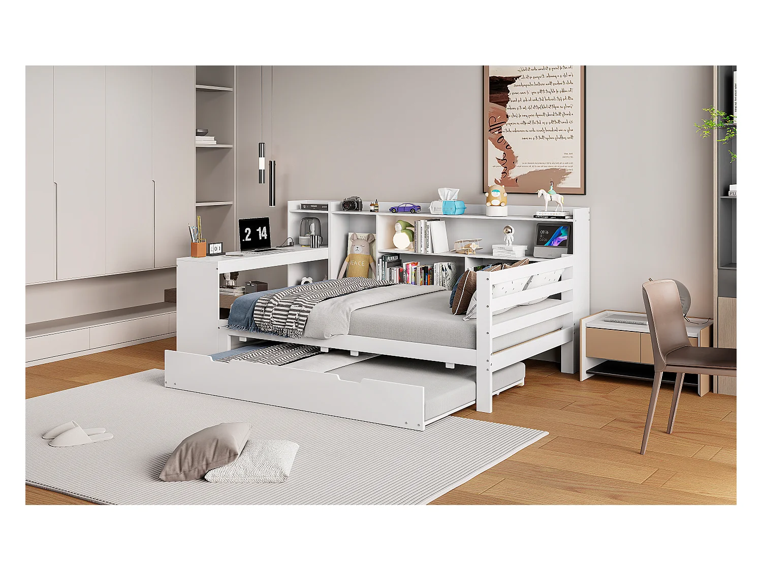 Canapé-lit en bois massif 90x200, avec bureau, étagères, prises USB et lit escamotable sous le canapé, multifonction, Gris (245.5x165x100 cm)