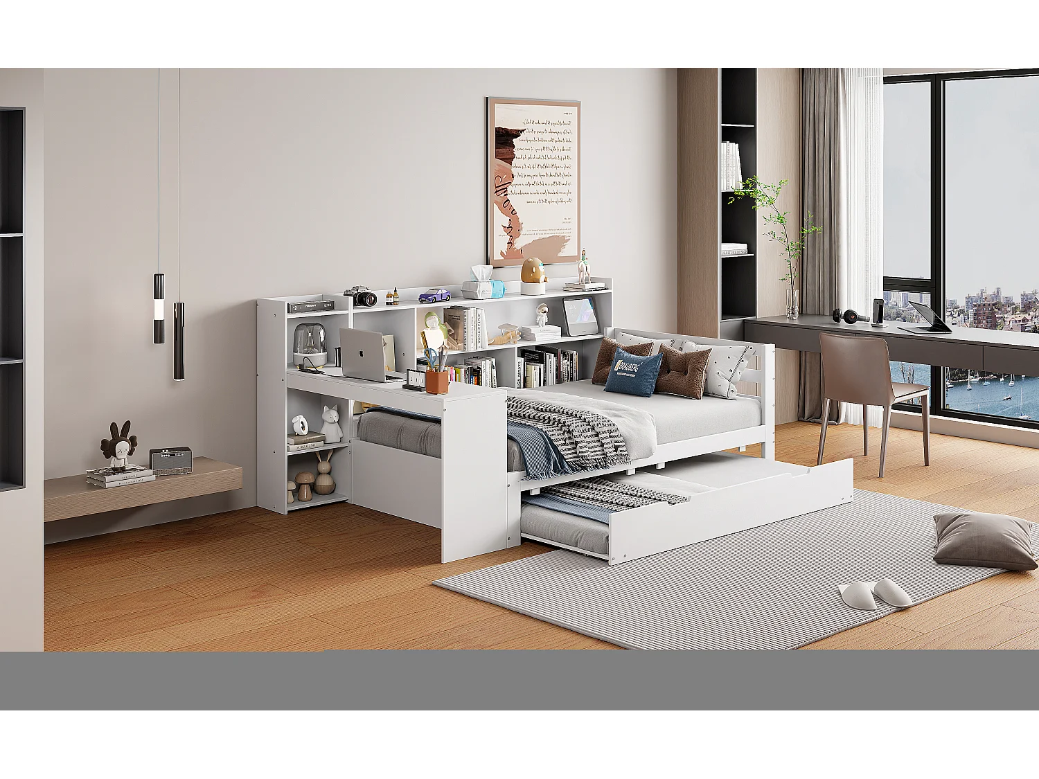 Canapé-lit en bois massif 90x200, avec bureau, étagères, prises USB et lit escamotable sous le canapé, multifonction, Gris (245.5x165x100 cm)