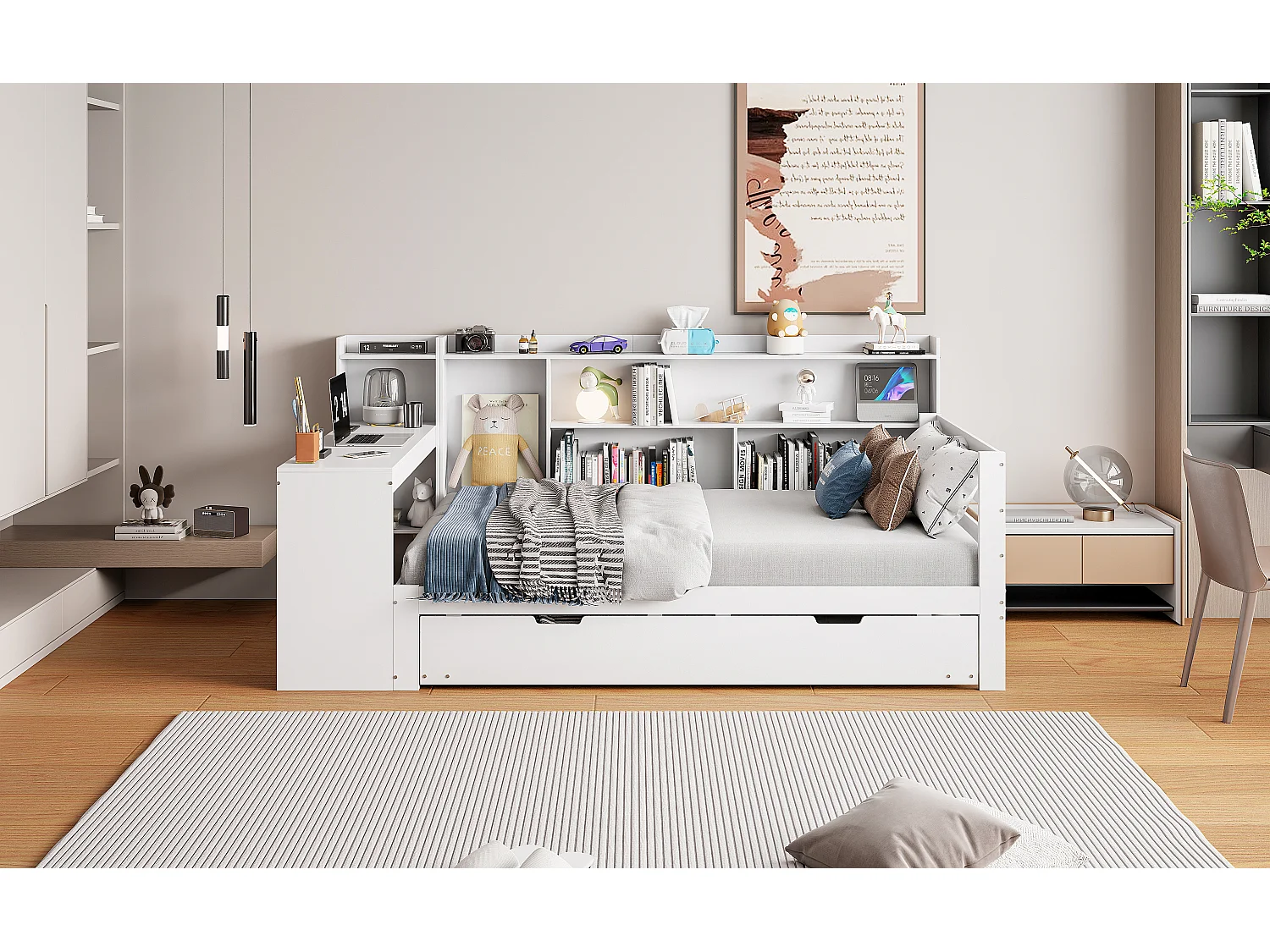 Canapé-lit en bois massif 90x200, avec bureau, étagères, prises USB et lit escamotable sous le canapé, multifonction, Gris (245.5x165x100 cm)