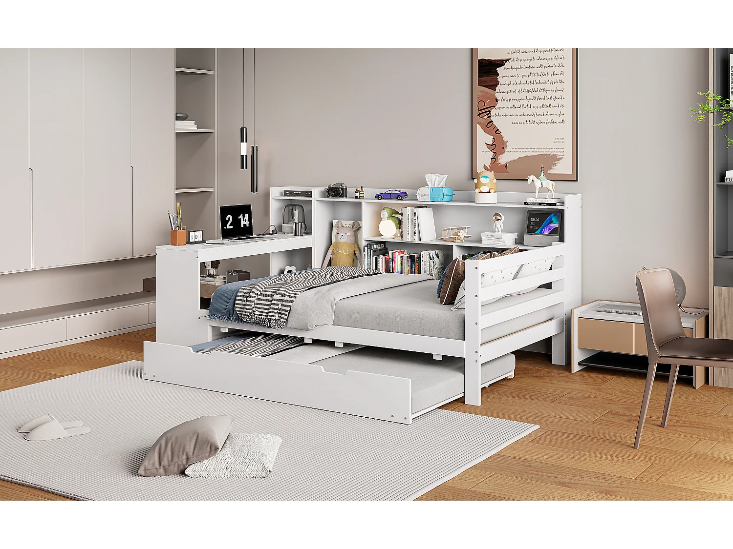 Canapé-lit en bois massif 90x200, avec bureau, étagères, prises USB et lit escamotable sous le canapé, multifonction, Gris (245.5x165x100 cm)