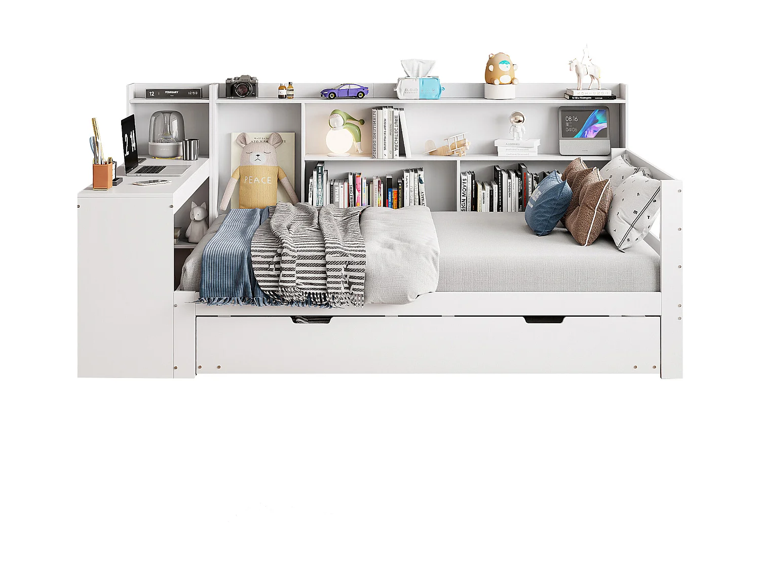 Canapé-lit en bois massif 90x200, avec bureau, étagères, prises USB et lit escamotable sous le canapé, multifonction, Gris (245.5x165x100 cm)