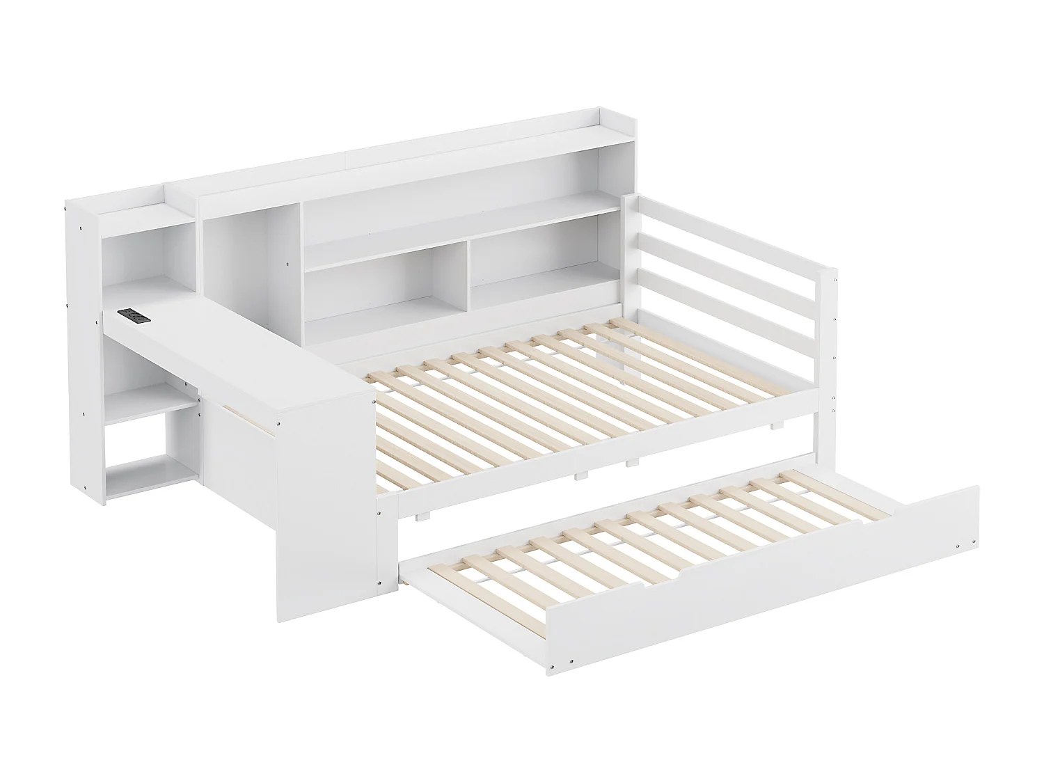 Canapé-lit en bois massif 90x200, avec bureau, étagères, prises USB et lit escamotable sous le canapé, multifonction, Gris (245.5x165x100 cm)