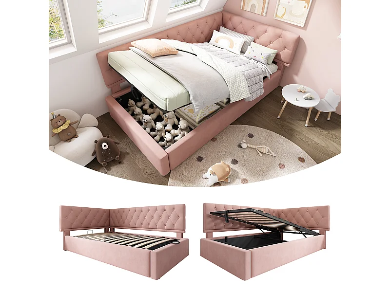 Lit de jour 90x190 cm, canapé convertible avec stockage hydraulique, lit pour enfants et adolescents, cadre en bois avec lattes, velours, rose (196x100x77 cm)