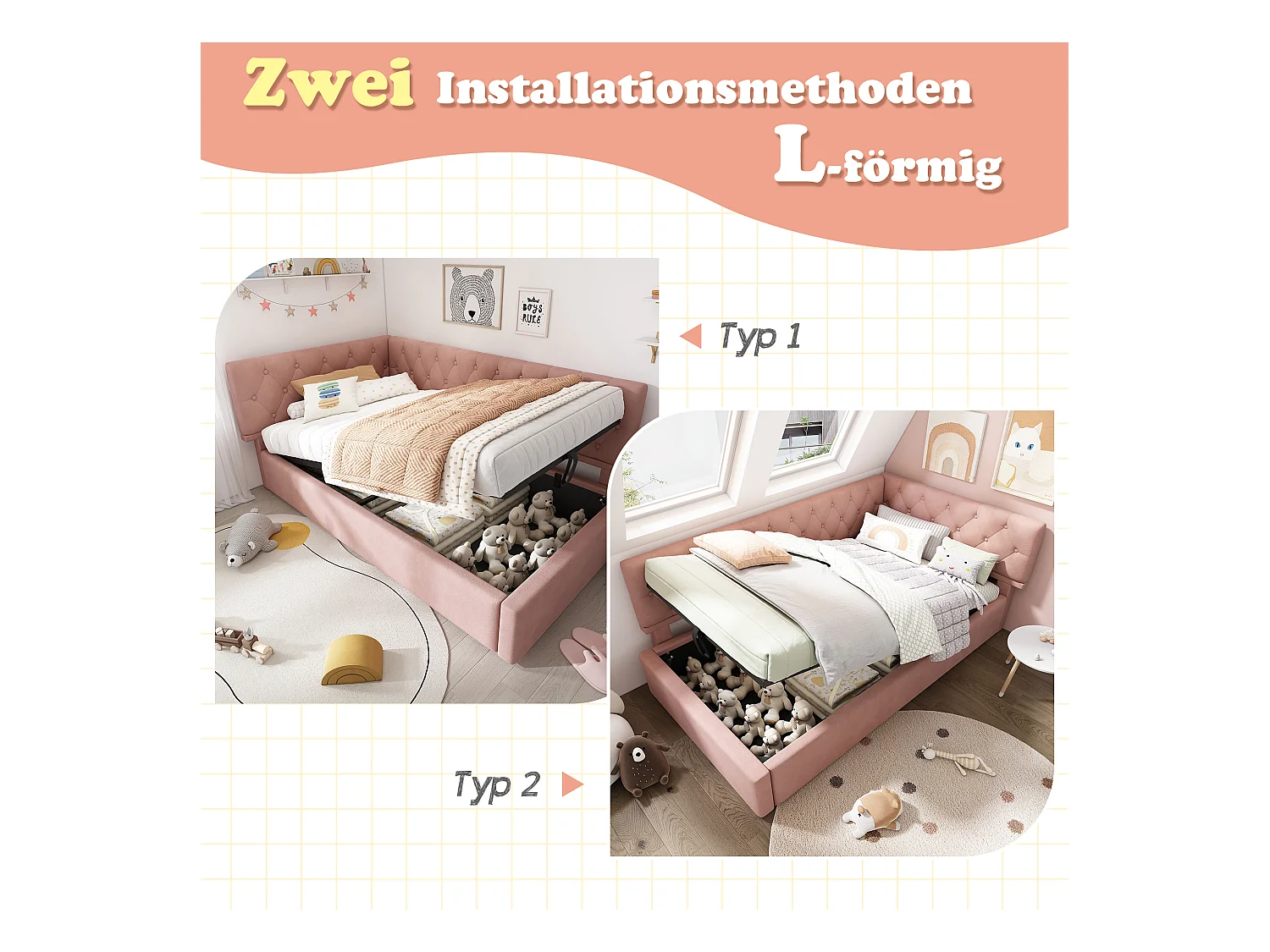 Lit de jour 90x190 cm, canapé convertible avec stockage hydraulique, lit pour enfants et adolescents, cadre en bois avec lattes, velours, rose (196x100x77 cm)