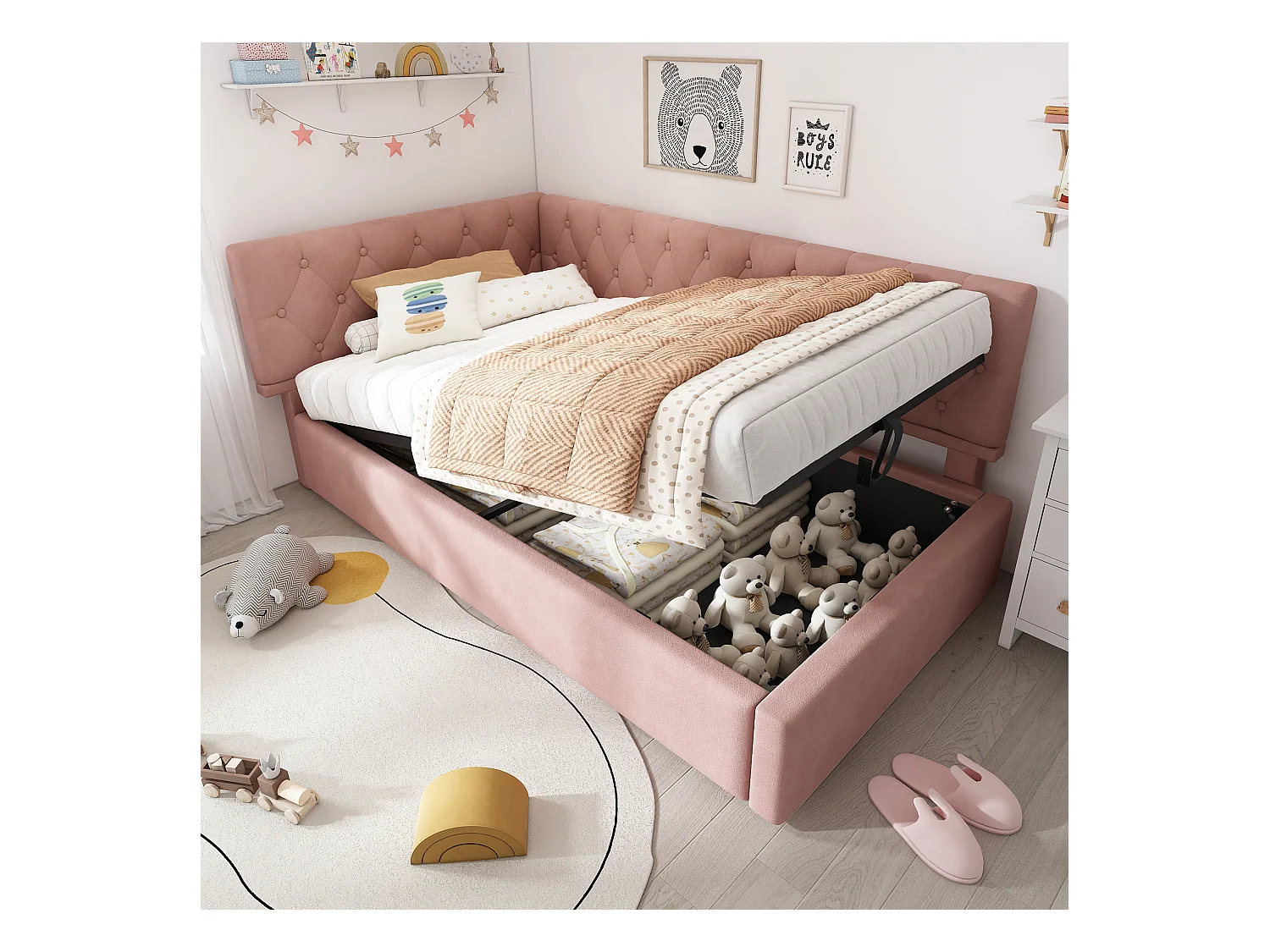 Lit de jour 90x190 cm, canapé convertible avec stockage hydraulique, lit pour enfants et adolescents, cadre en bois avec lattes, velours, rose (196x100x77 cm)