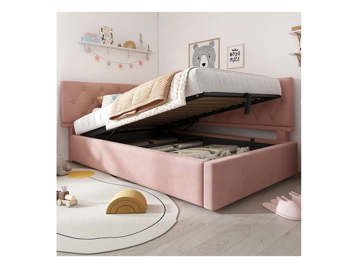 Lit de jour 90x190 cm, canapé convertible avec stockage hydraulique, lit pour enfants et adolescents, cadre en bois avec lattes, velours, rose (196x100x77 cm)