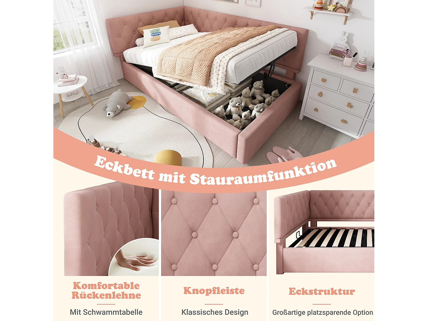 Dagbed 90x190 cm, slaapbank met hydraulische opbergruimte, bed voor kinderen en tieners, houten frame met lattenbodem, fluweel, roze (196x100x77 cm)