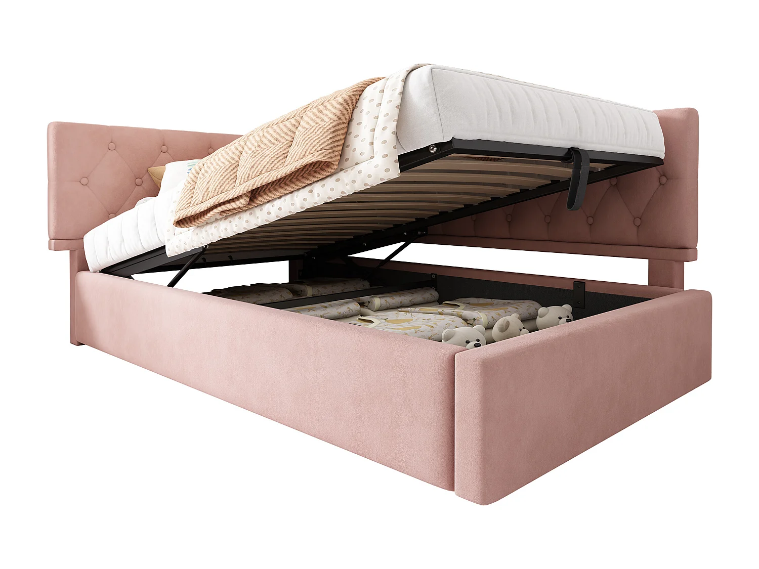 Dagbed 90x190 cm, slaapbank met hydraulische opbergruimte, bed voor kinderen en tieners, houten frame met lattenbodem, fluweel, roze (196x100x77 cm)