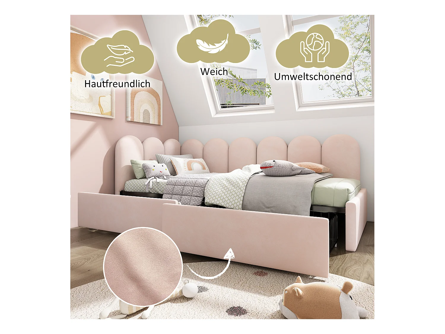 Lit simple avec tiroirs de rangement, canapé-lit en velours, 90x190 cm, gris (199x94x76 cm)