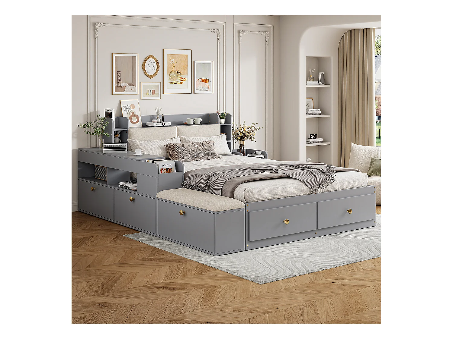 Lit combiné en bois massif 140x200 cm, tête de lit avec rangements, tiroirs, table de nuit, armoire, canapé de rangement, gris (227x145x91 cm)