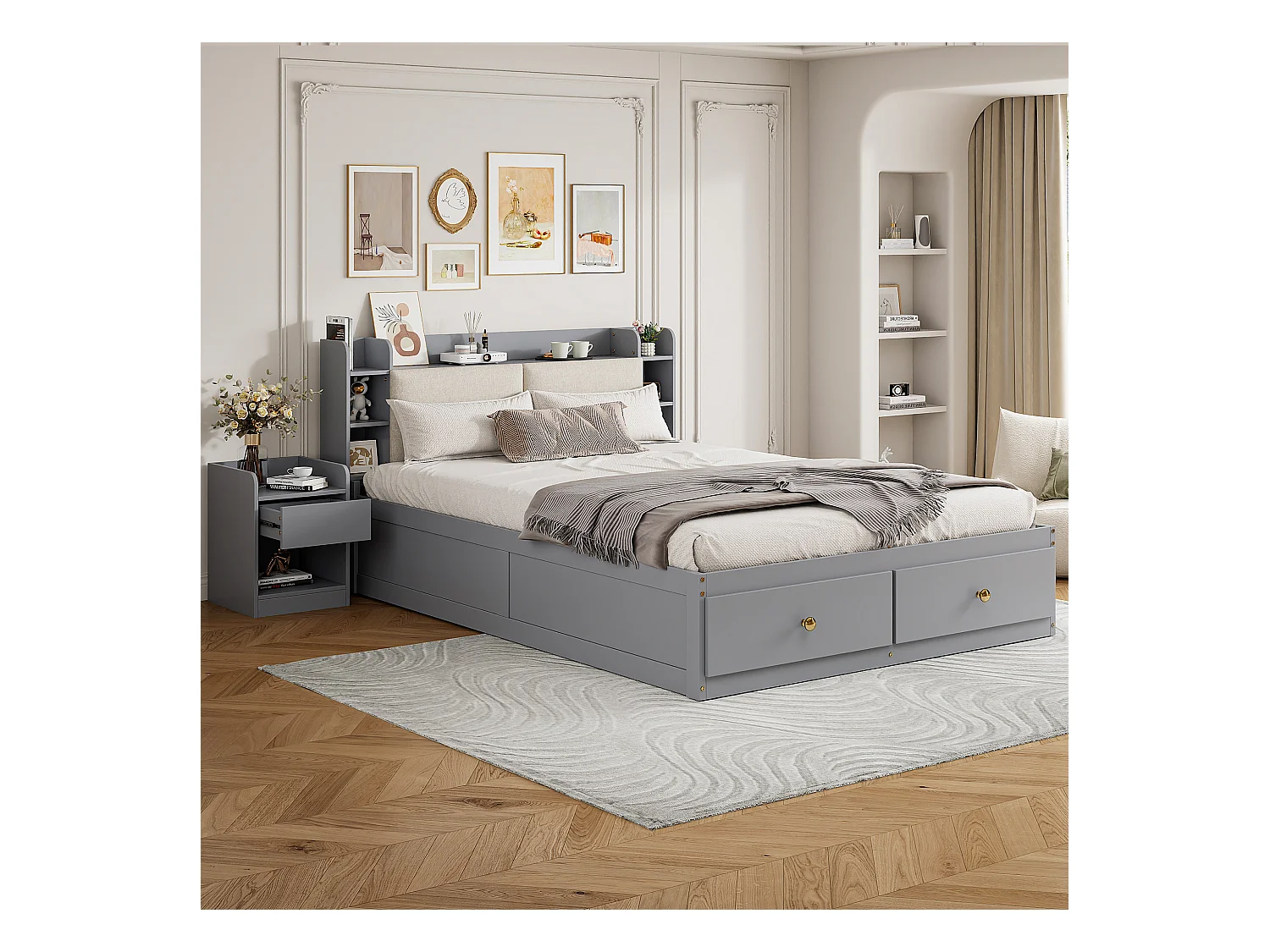 Lit combiné en bois massif 140x200 cm, tête de lit avec rangements, tiroirs, table de nuit, armoire, canapé de rangement, gris (227x145x91 cm)