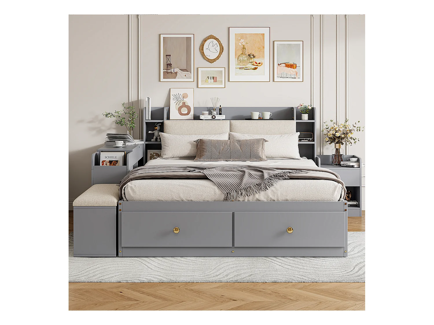 Lit combiné en bois massif 140x200 cm, tête de lit avec rangements, tiroirs, table de nuit, armoire, canapé de rangement, gris (227x145x91 cm)