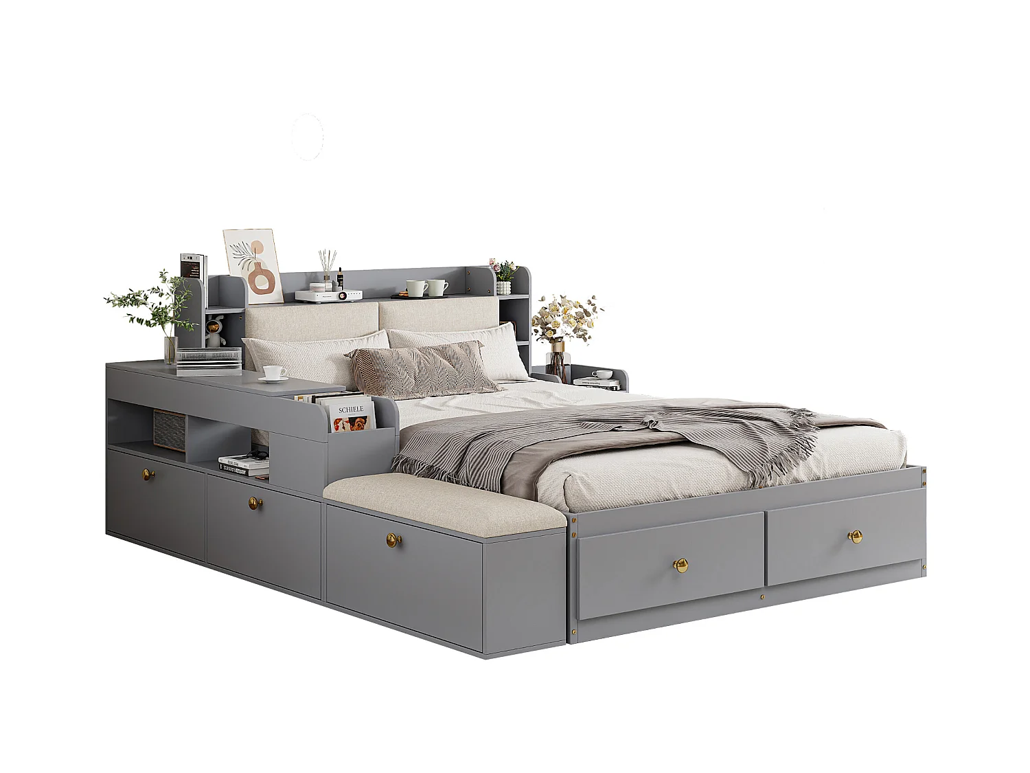 Lit combiné en bois massif 140x200 cm, tête de lit avec rangements, tiroirs, table de nuit, armoire, canapé de rangement, gris (227x145x91 cm)