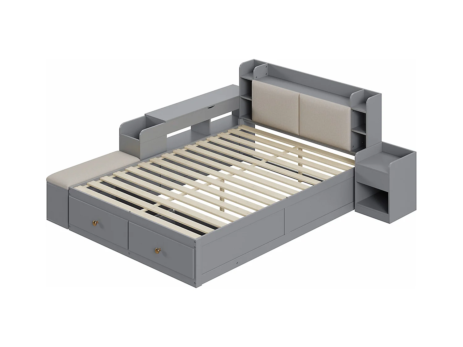 Lit combiné en bois massif 140x200 cm, tête de lit avec rangements, tiroirs, table de nuit, armoire, canapé de rangement, gris (227x145x91 cm)