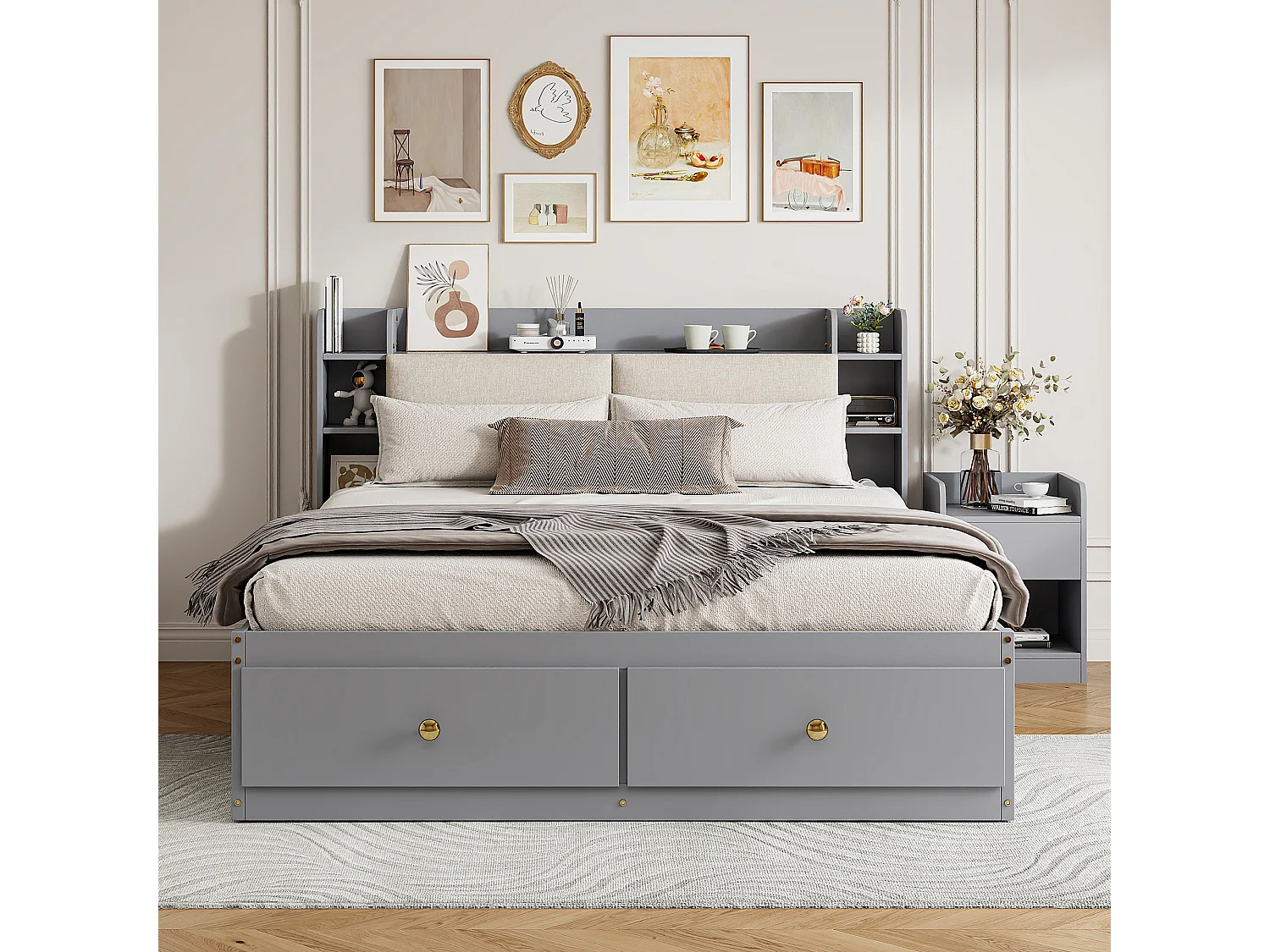 Lit combiné en bois massif 140x200 cm, tête de lit avec rangements, tiroirs, table de nuit, armoire, canapé de rangement, gris (227x145x91 cm)