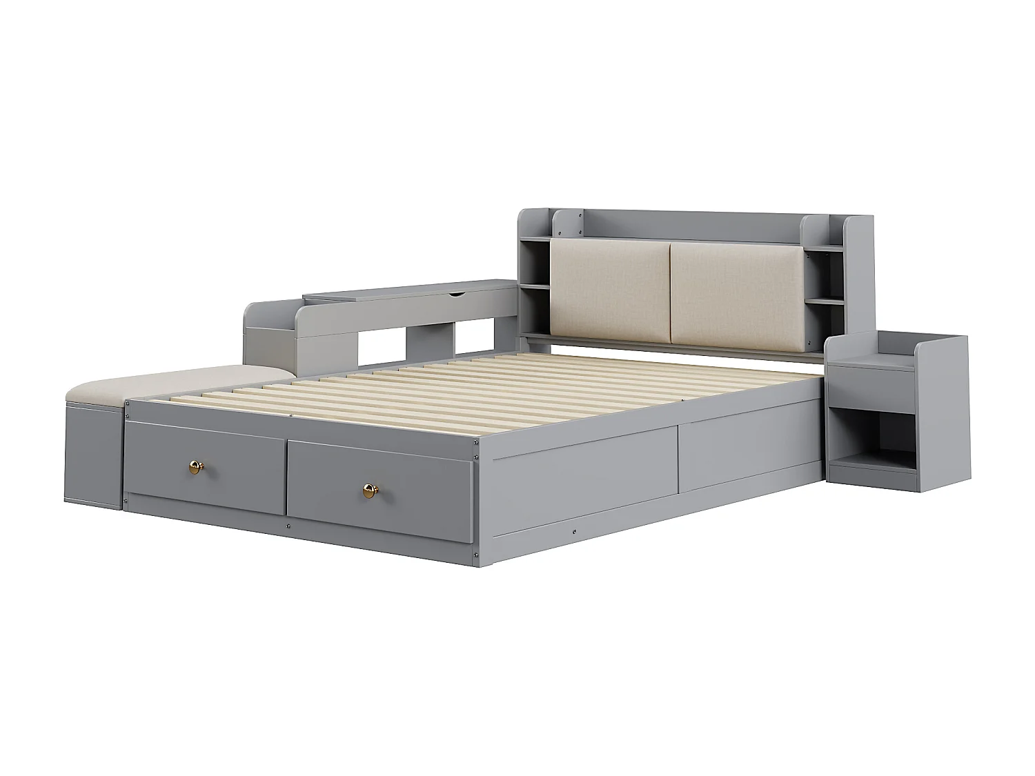 Lit combiné en bois massif 140x200 cm, tête de lit avec rangements, tiroirs, table de nuit, armoire, canapé de rangement, gris (227x145x91 cm)