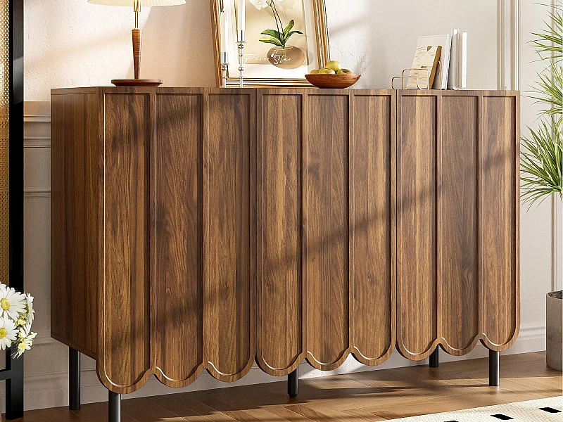 Buffet 120x35x80 cm - 3 portes ondulées - Sans poignées - Étagères réglables - Marron