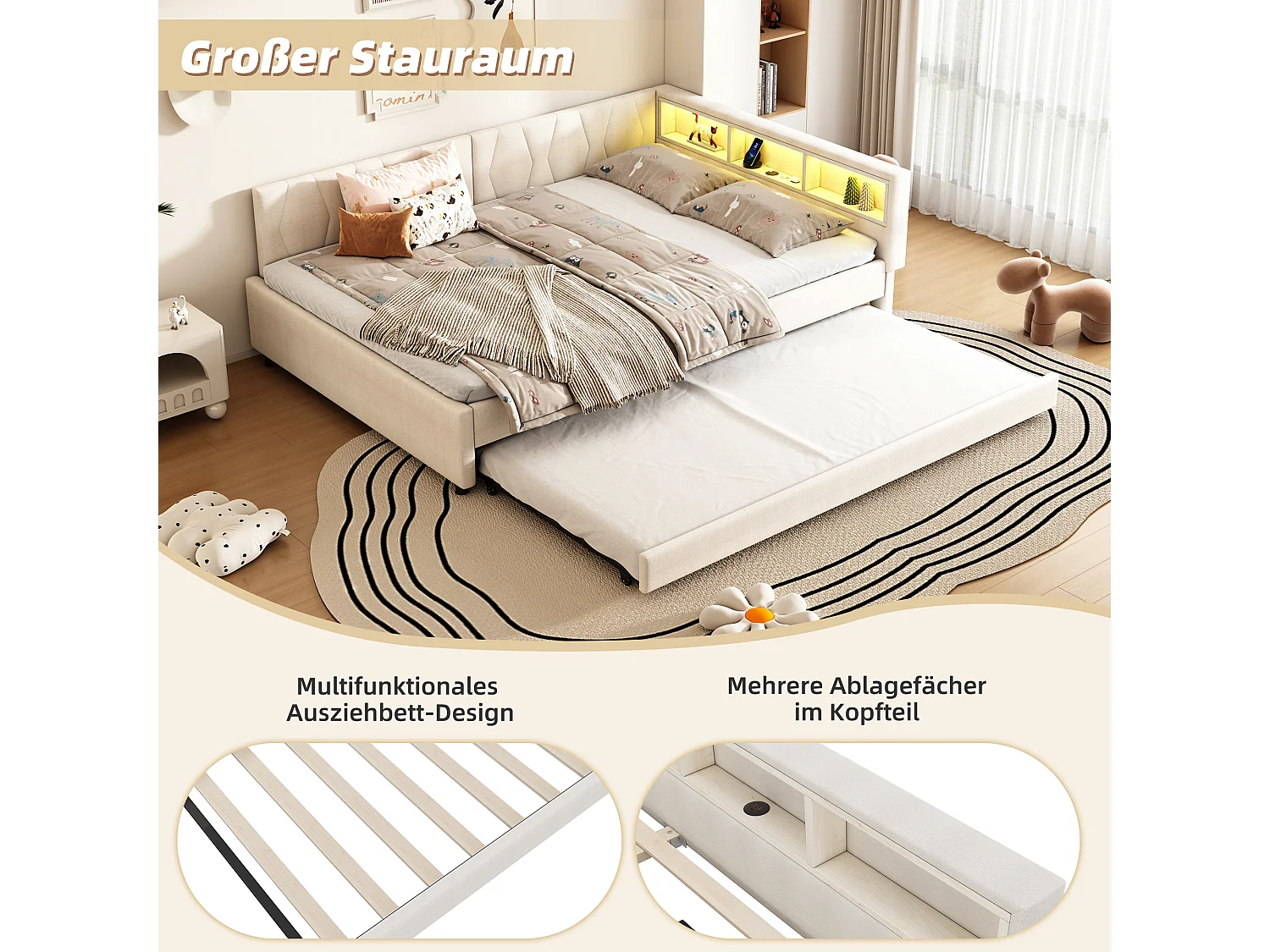 Divano letto 140x200 cm, divano letto, con LED, contenitore, USB + Type-C, letto estraibile, senza materasso, lino, beige (210x145x70,5 cm)