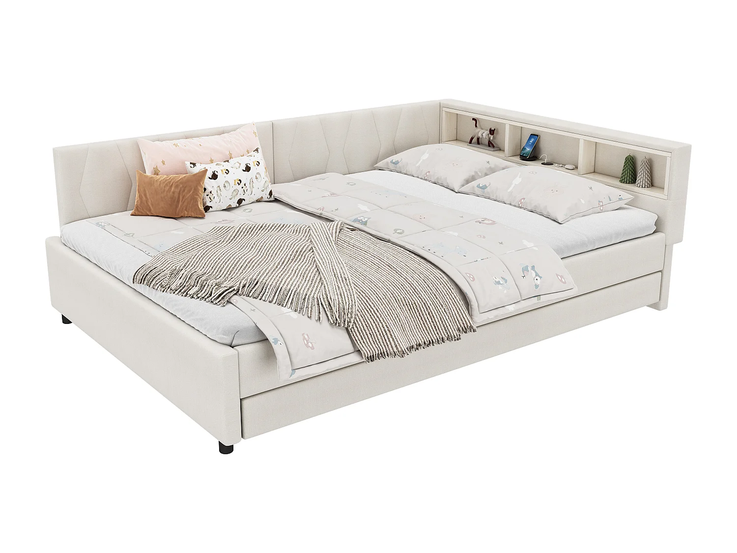 Divano letto 140x200 cm, divano letto, con LED, contenitore, USB + Type-C, letto estraibile, senza materasso, lino, beige (210x145x70,5 cm)