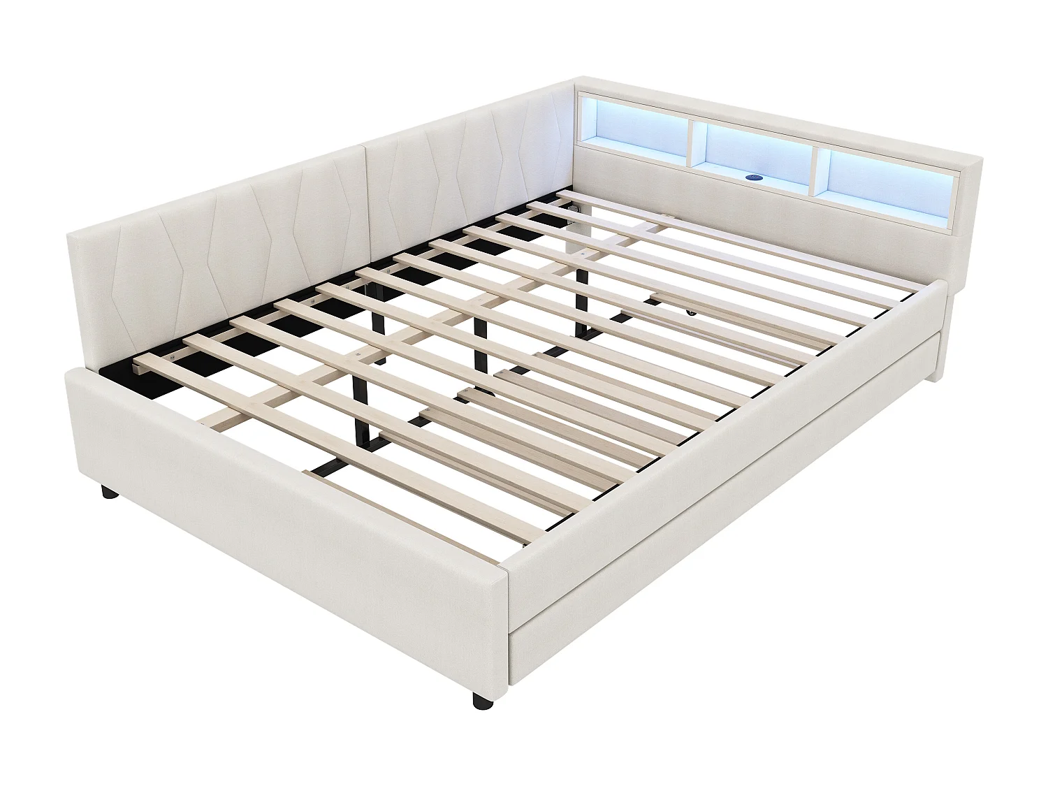 Daybett 140x200 cm, lit de jour, canapé-lit, avec LED, rangement, USB + Type-C, lit extractible, sans matelas, lin, beige (210x145x70.5 cm)