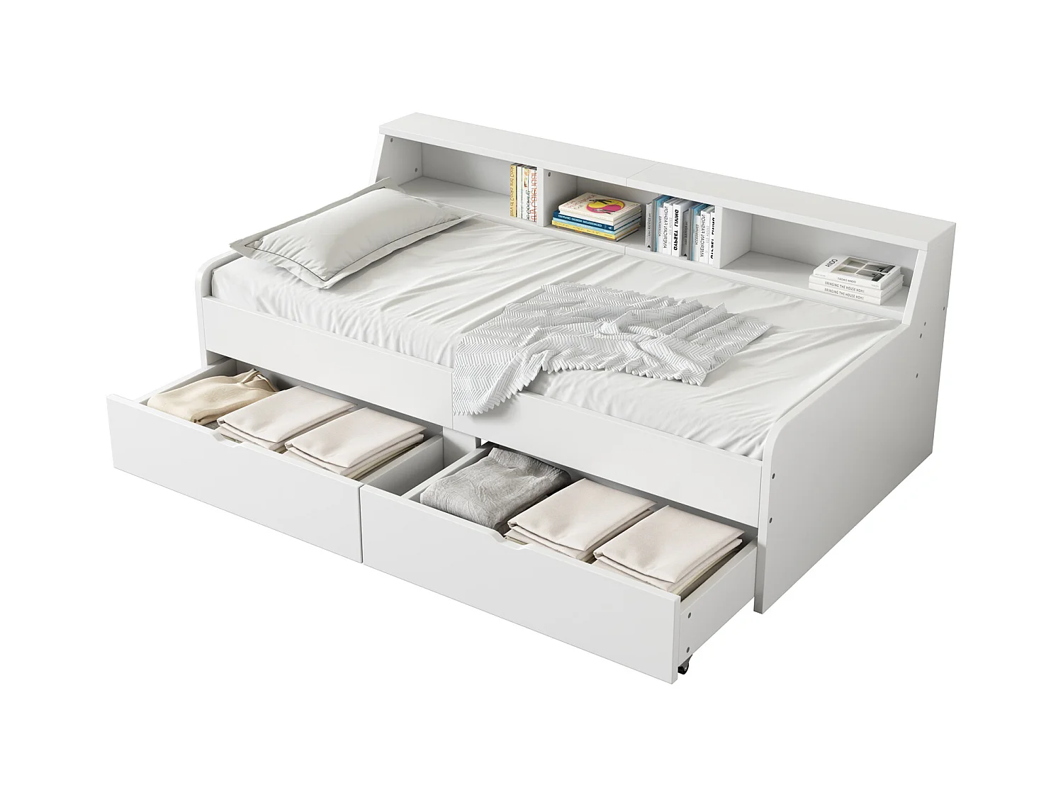 Divano letto 90x200 cm, con due cassetti e spazio contenitore, legno, bianco (203x112x75 cm)