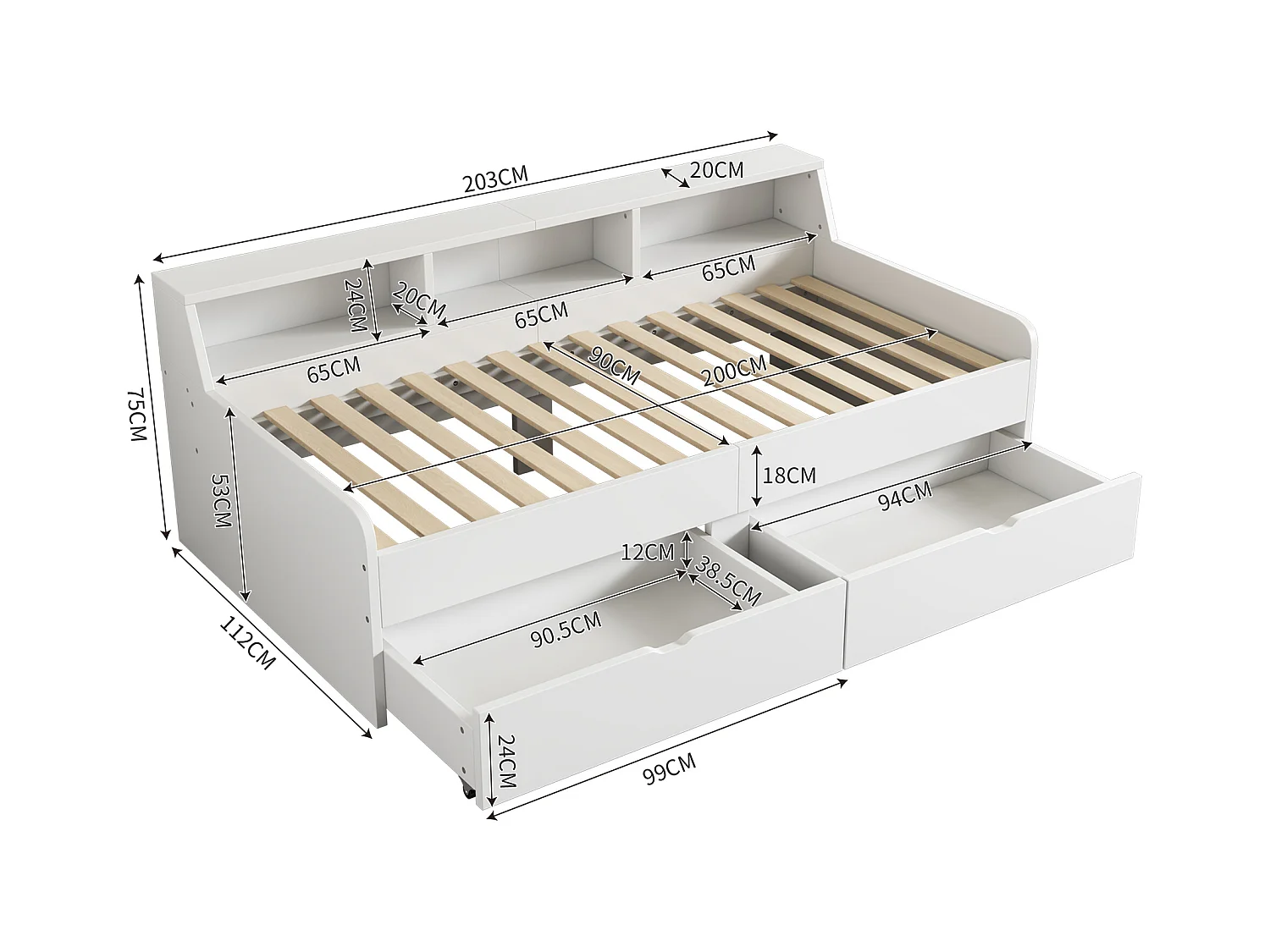 Divano letto 90x200 cm, con due cassetti e spazio contenitore, legno, bianco (203x112x75 cm)