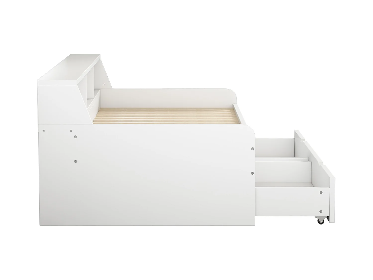 Divano letto 90x200 cm, con due cassetti e spazio contenitore, legno, bianco (203x112x75 cm)