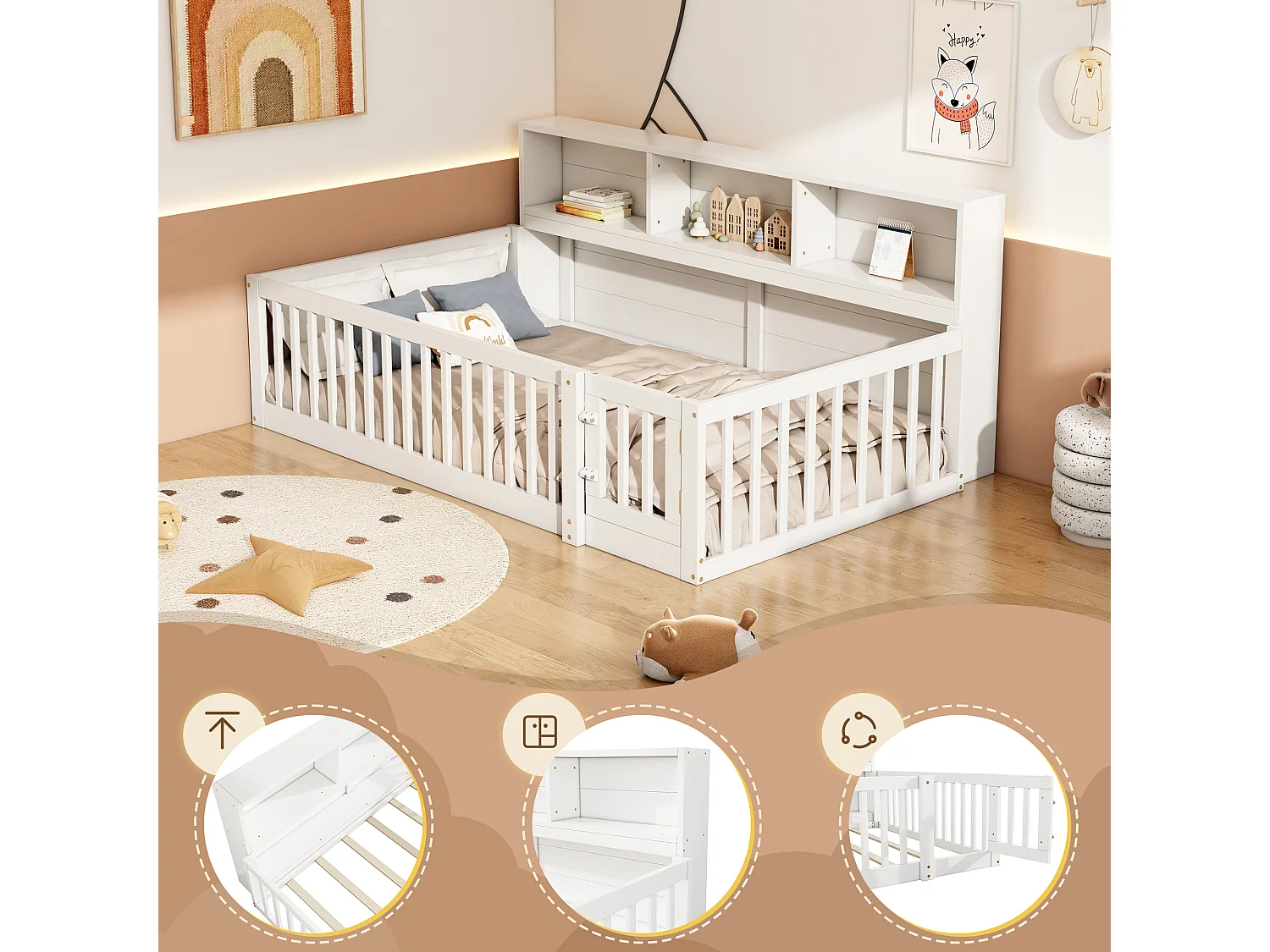 Divano letto 90x200 cm, divano letto, divano letto con contenitore, rete a doghe (senza materasso), legno di pino, bianco (205x114,5x87 cm)