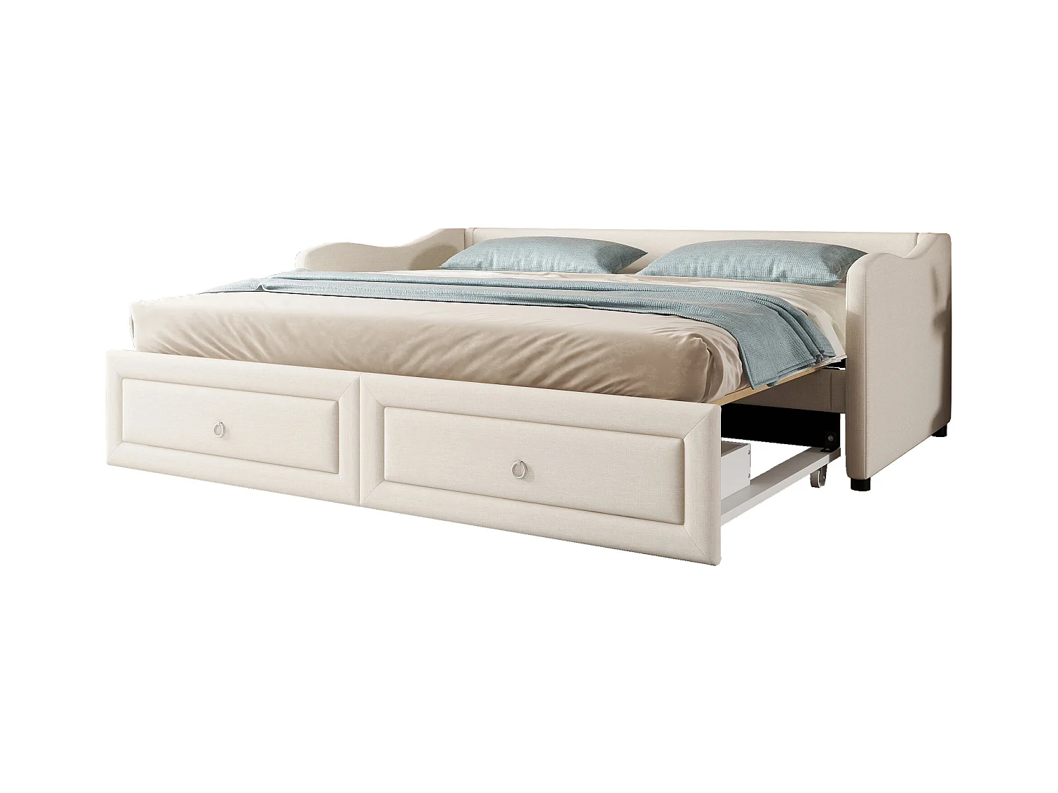 Canapé-lit 90x200cm avec lit escamotable, 2 tiroirs de rangement, design minimaliste, Lin, Beige (213x102x74 cm)