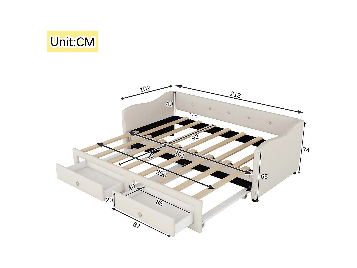 Canapé-lit 90x200cm avec lit escamotable, 2 tiroirs de rangement, design minimaliste, Lin, Beige (213x102x74 cm)