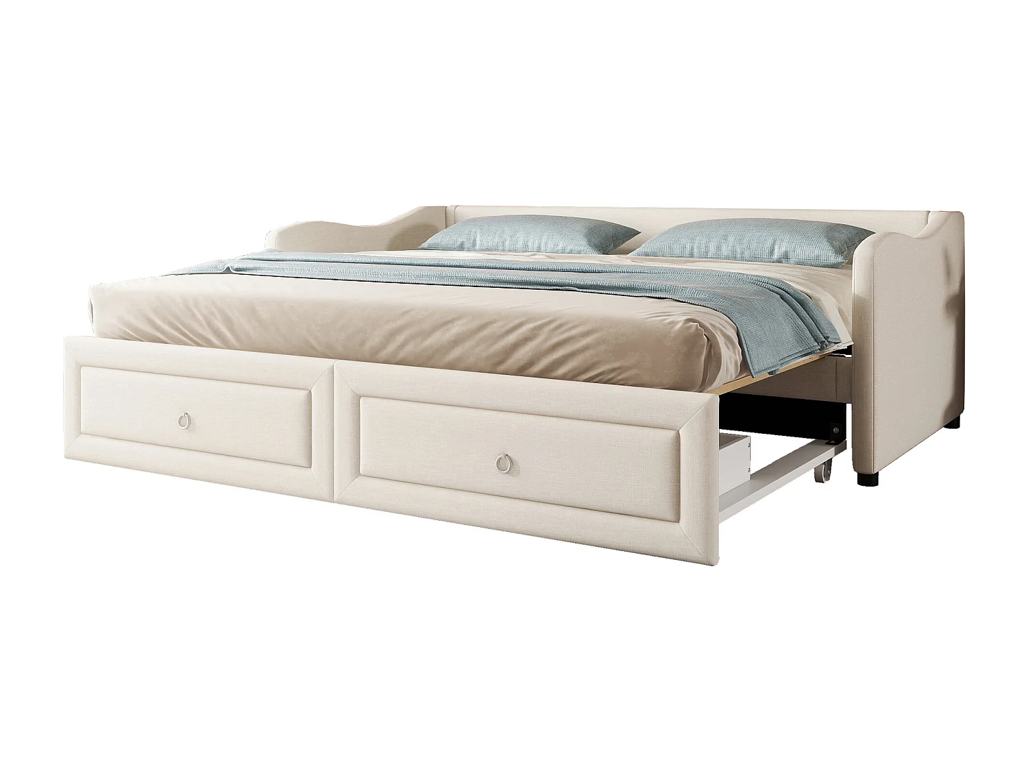 Canapé-lit 90x200cm avec lit escamotable, 2 tiroirs de rangement, design minimaliste, Lin, Beige (213x102x74 cm)