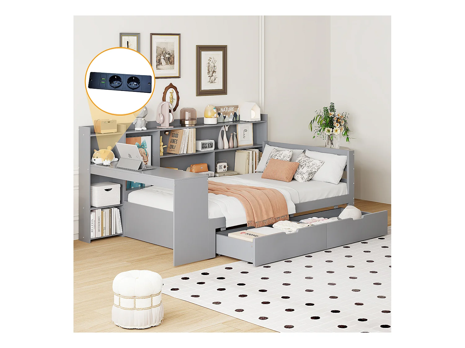 Canapé-lit en bois massif 90x200 cm avec bureau, étagères, tiroirs de rangement et prise USB, Gris (245.5x114.5x100 cm)