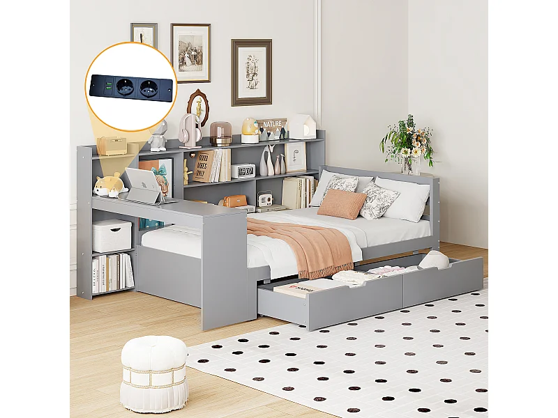Canapé-lit en bois massif 90x200 cm avec bureau, étagères, tiroirs de rangement et prise USB, Gris (245.5x114.5x100 cm)