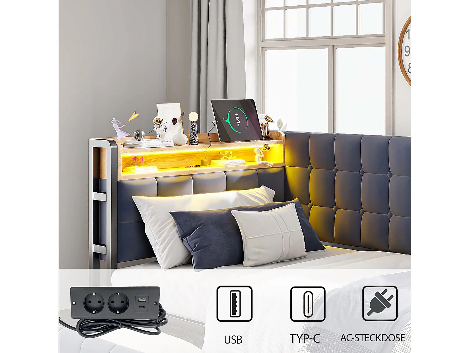 Sofá cama 90x200 cm, con 2 cajones, lámpara de noche LED, toma USB y Tipo C, multifuncional, gris (208,5x99x83,5 cm)