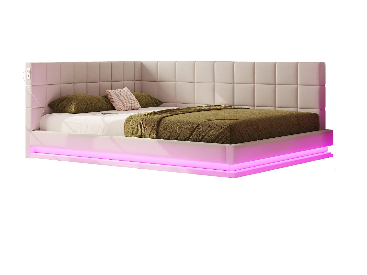 Canapé-lit 160x200 cm, multifonction avec LED, USB et sommier, velours beige (206x167x63 cm)