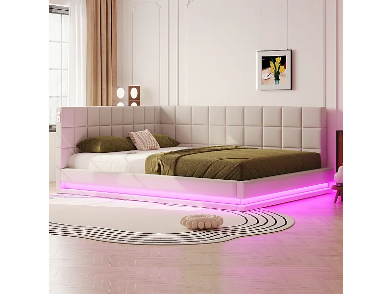 Canapé-lit 160x200 cm, multifonction avec LED, USB et sommier, velours beige (206x167x63 cm)
