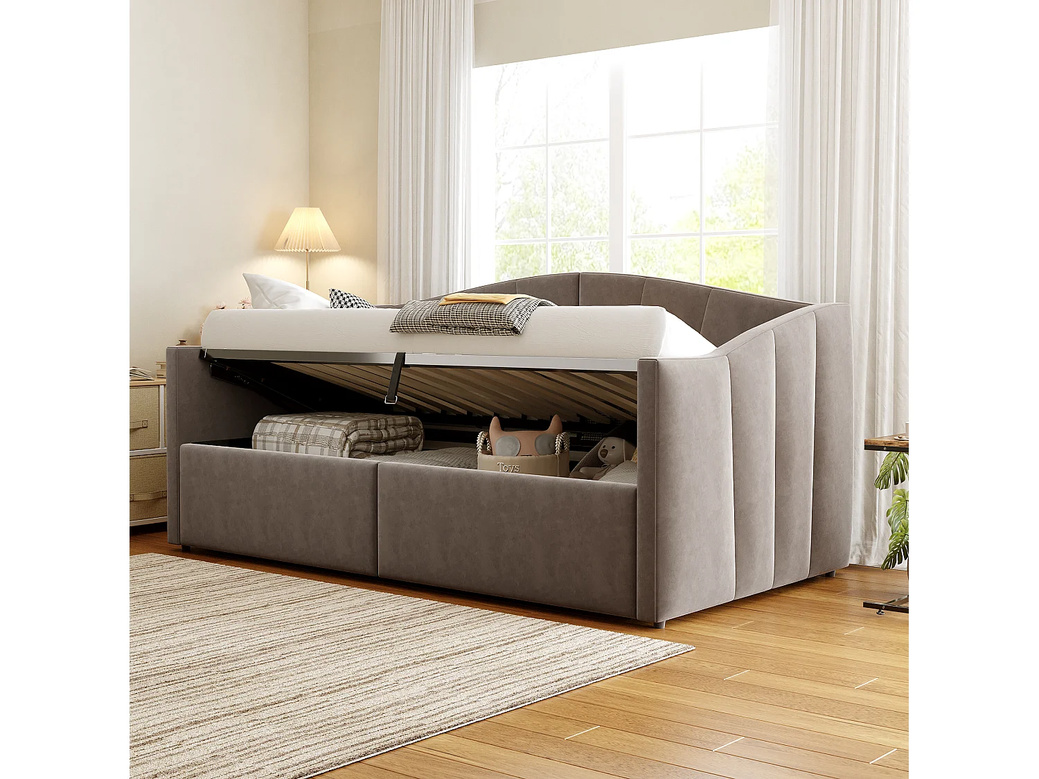 Sofá cama 90x200 cm con arcón hidráulico, reposabrazos, tela de terciopelo gris (212x95x62 cm)