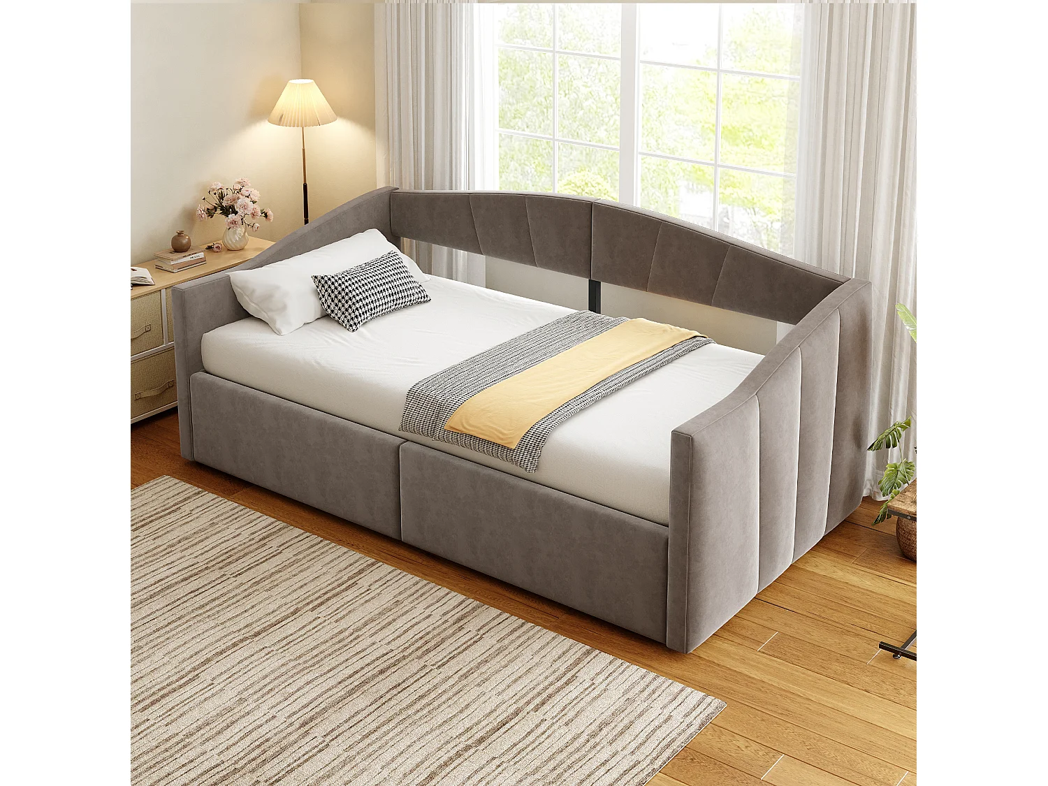 Sofá cama 90x200 cm con arcón hidráulico, reposabrazos, tela de terciopelo gris (212x95x62 cm)