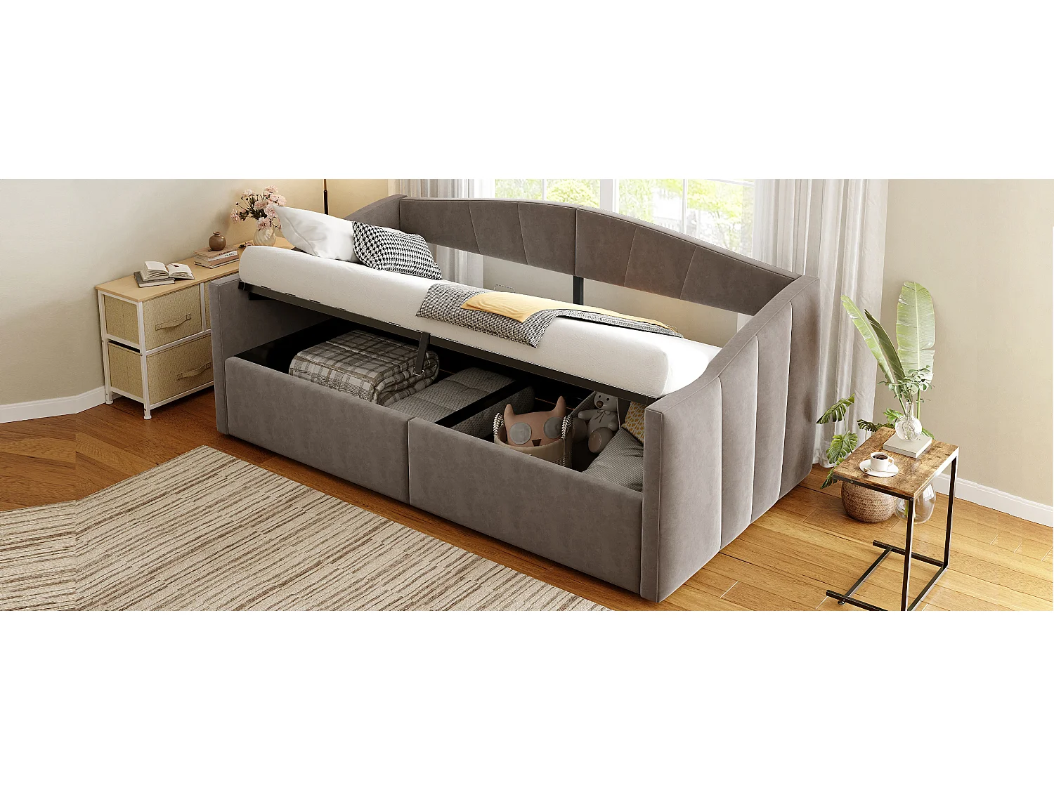 Sofá cama 90x200 cm con arcón hidráulico, reposabrazos, tela de terciopelo gris (212x95x62 cm)