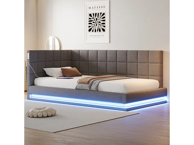 Slaapbank 90x200 cm, multifunctioneel met LED, USB en lattenbodem, grijs fluweel (206x97x63 cm)
