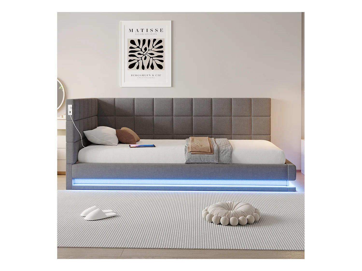 Canapé-lit 90x200 cm, multifonction avec LED, USB et sommier, velours gris (206x97x63 cm)