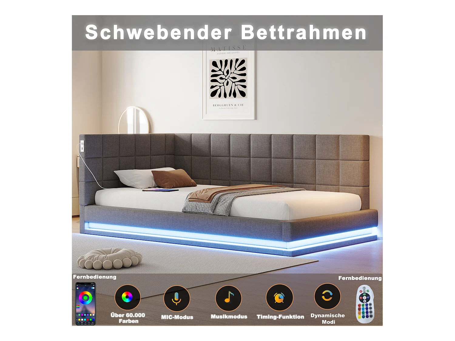 Canapé-lit 90x200 cm, multifonction avec LED, USB et sommier, velours gris (206x97x63 cm)