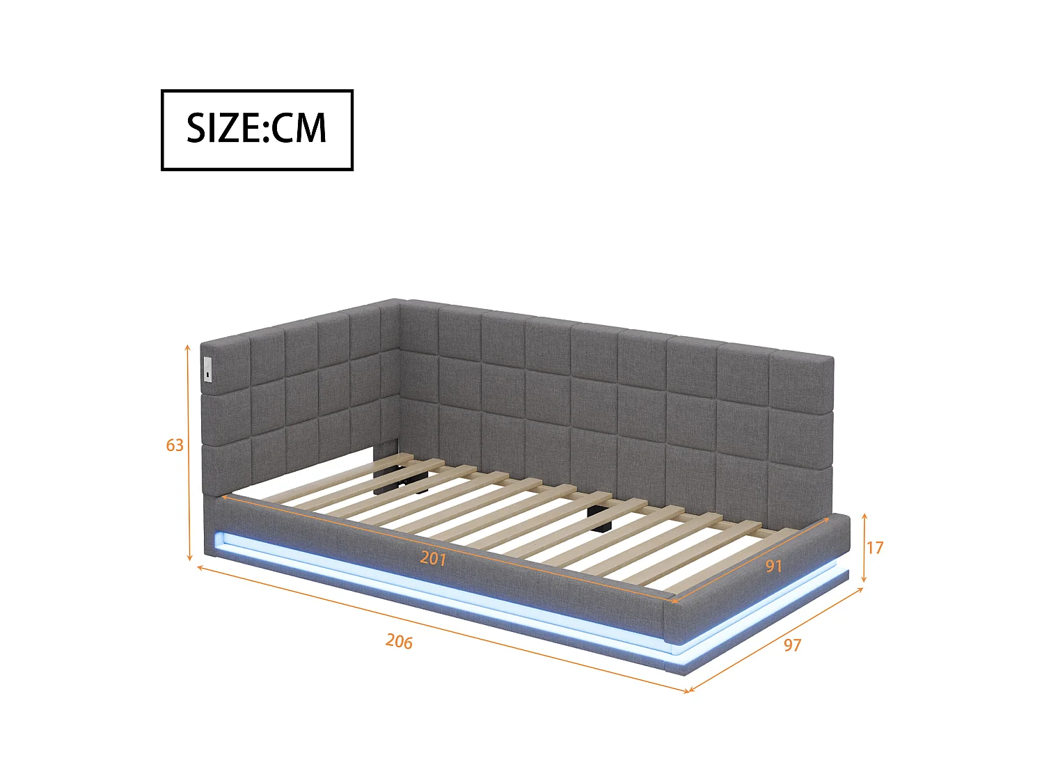 Canapé-lit 90x200 cm, multifonction avec LED, USB et sommier, velours gris (206x97x63 cm)