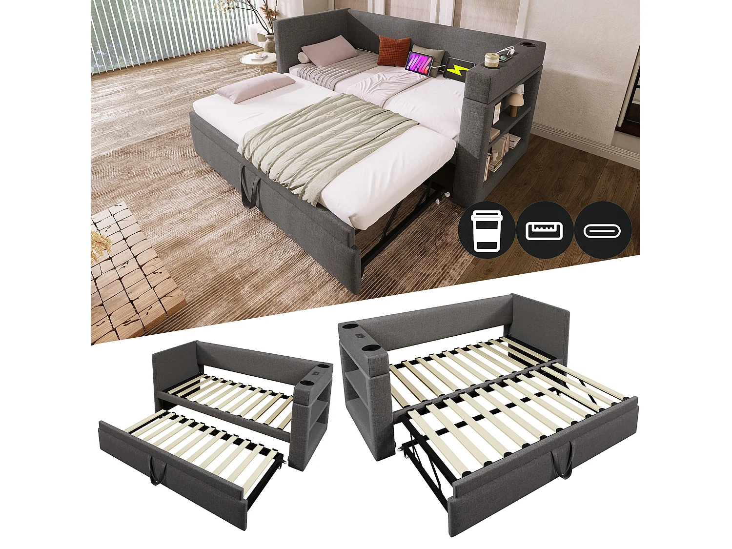 Canapé-lit 90x190 cm avec lit escamotable, accoudoirs avec ports USB et Type-C, en tissu lin gris, sans matelas (207x98x74 cm)